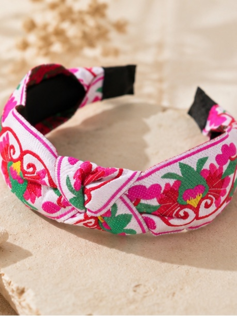 Pink Floral Embroidered Knotted Headband Boho Statement Hair Accessory